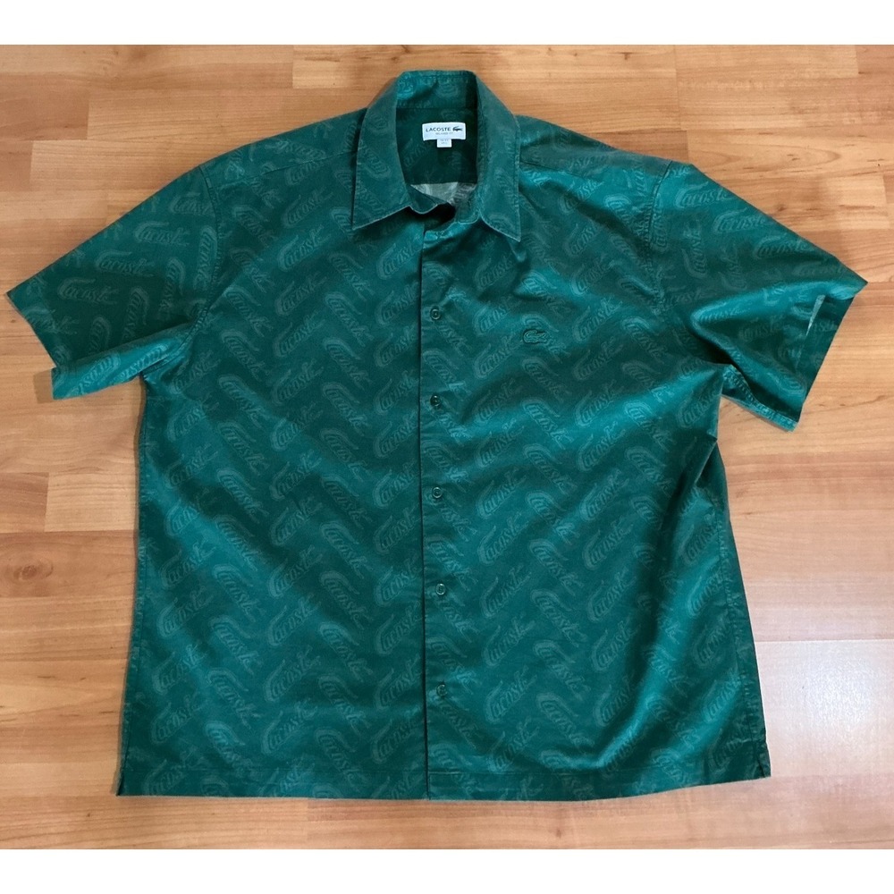 Lacoste Size L Green Logo Print Relaxed Fit Short Sleeve Button Shirt Mens